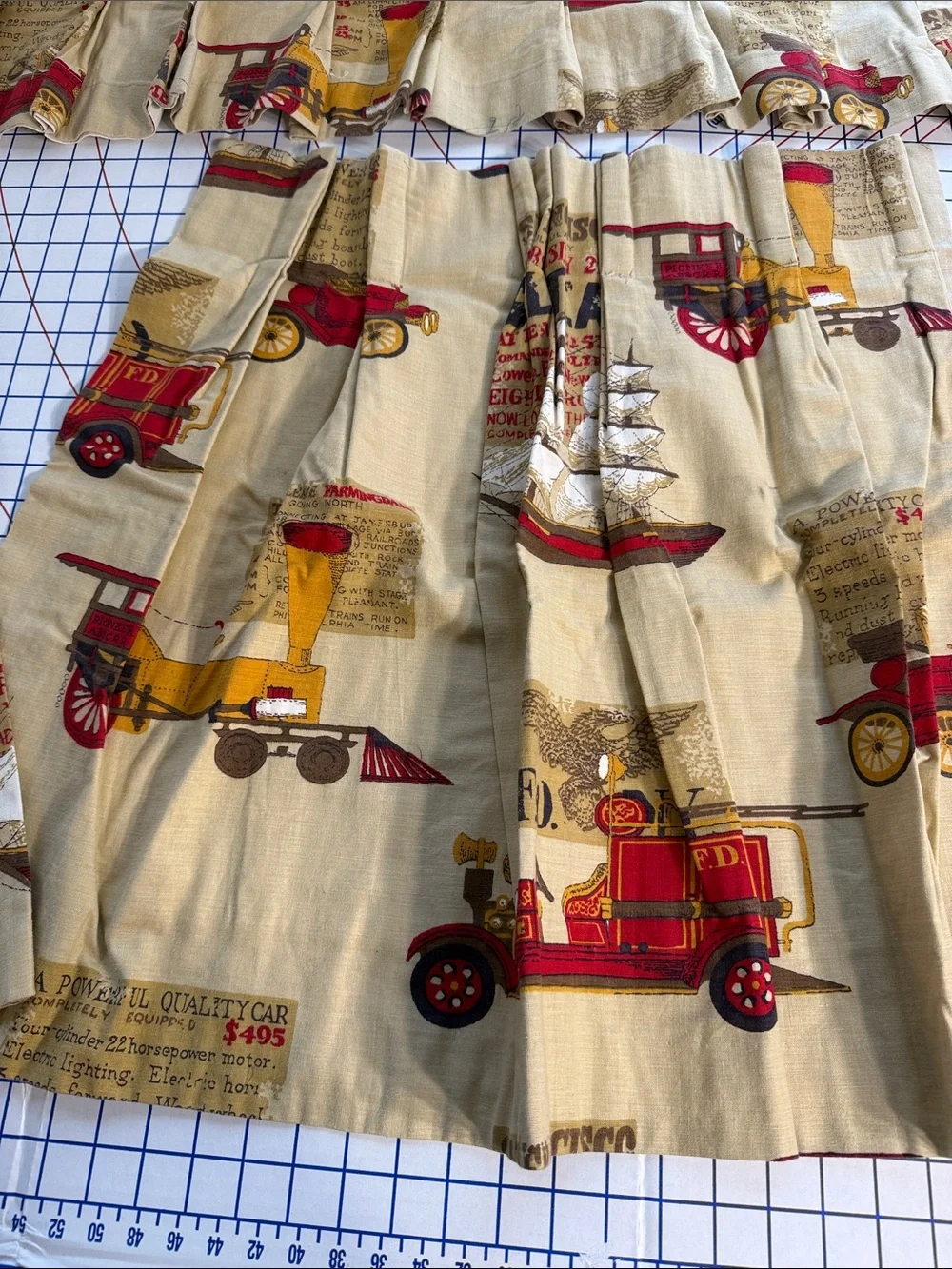 Vintage Mid Century Novelty Kitchen Curtain Set Cars Trains Ships Fire Engines